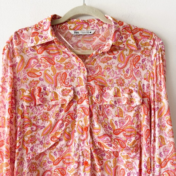Zara Paisley Print Button-Up Orange Blouse Size Small - Picture 2 of 7